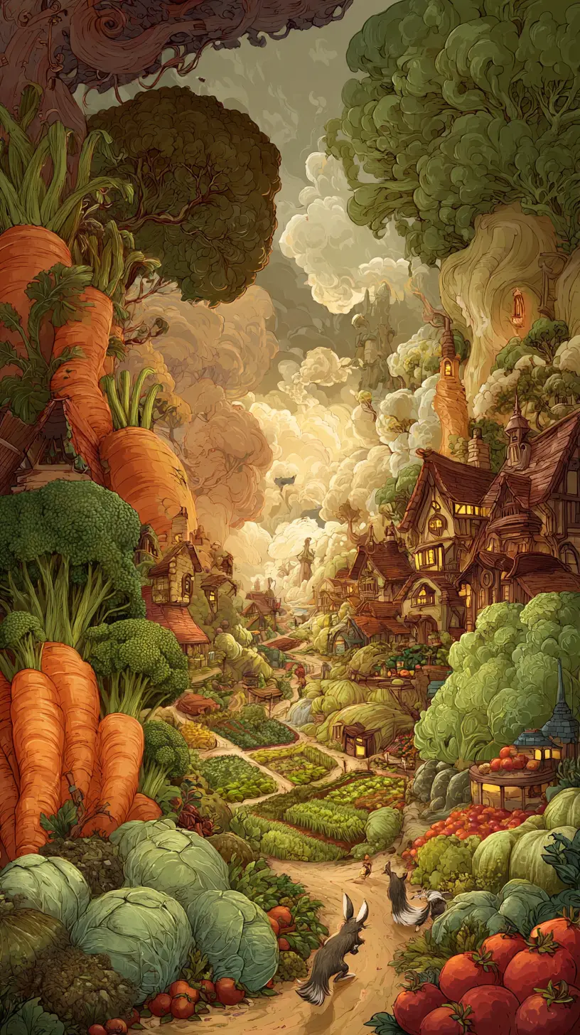 Un villaggio fantastico sorge tra carote gigantesche sotto nuvole dorate
