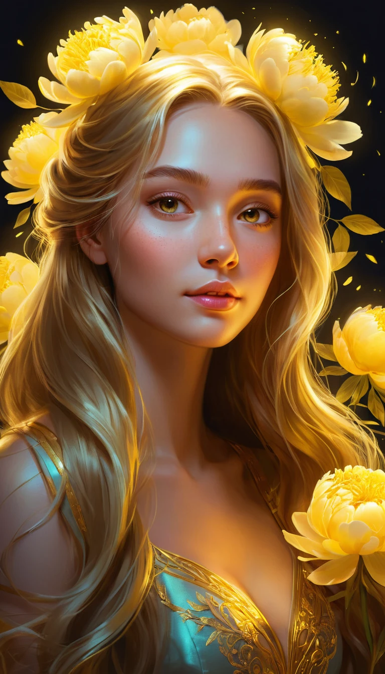 A fantasy girl with flowing long hair glowing in golden neon light