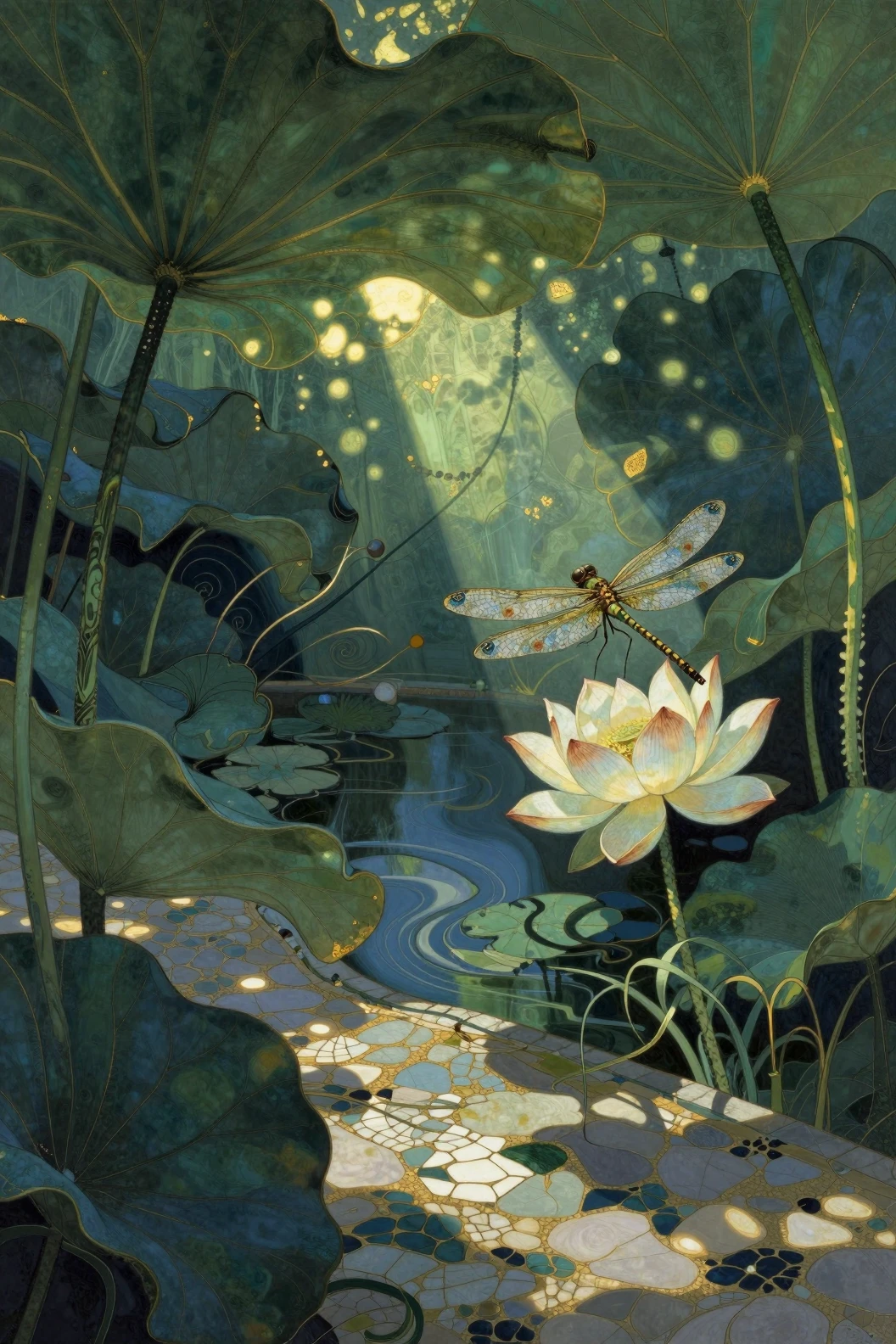 Art nouveau garden with a dragonfly resting on a lotus flower
