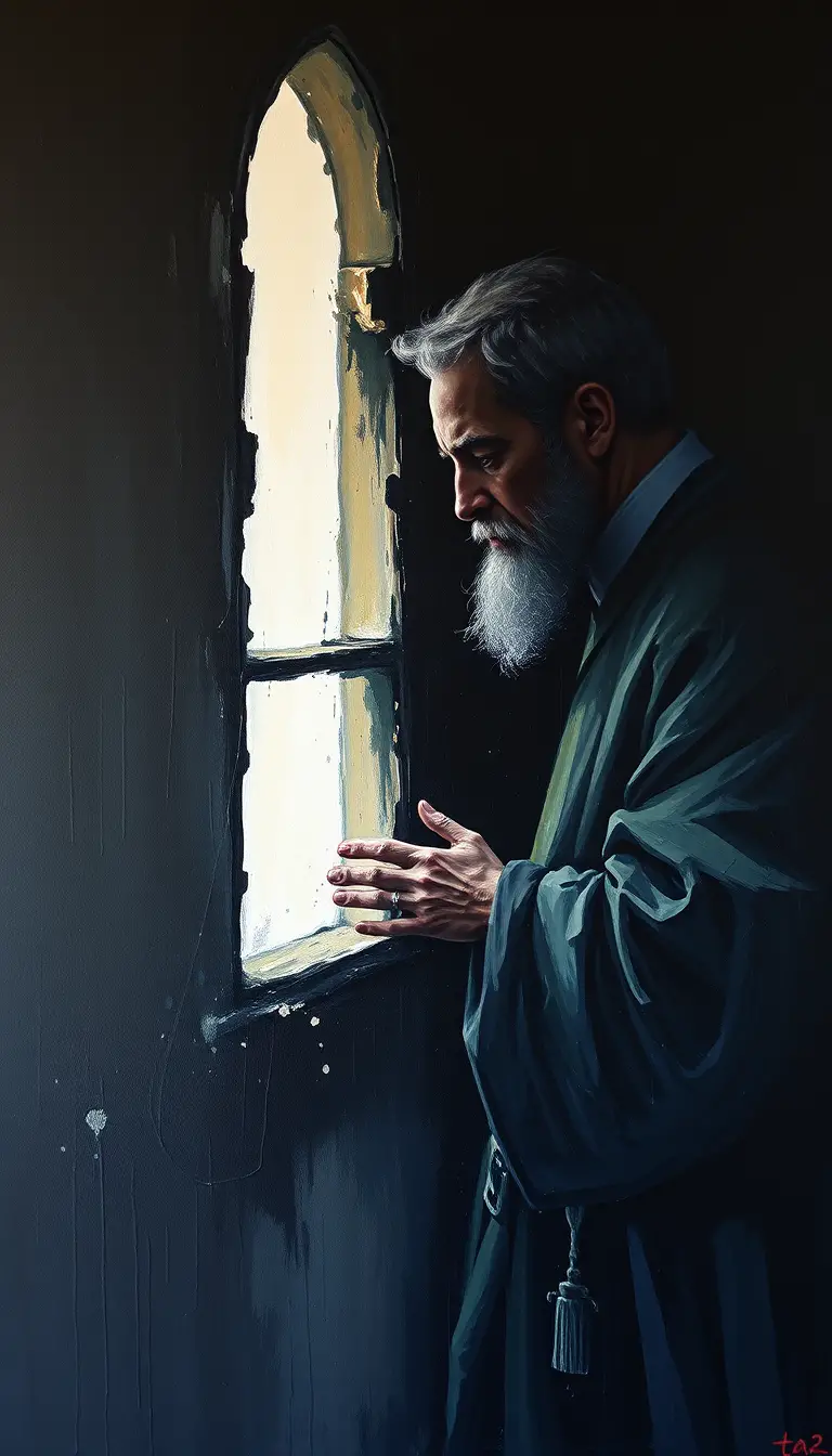 A weakened woman faces a religious visitor inside a dim cell