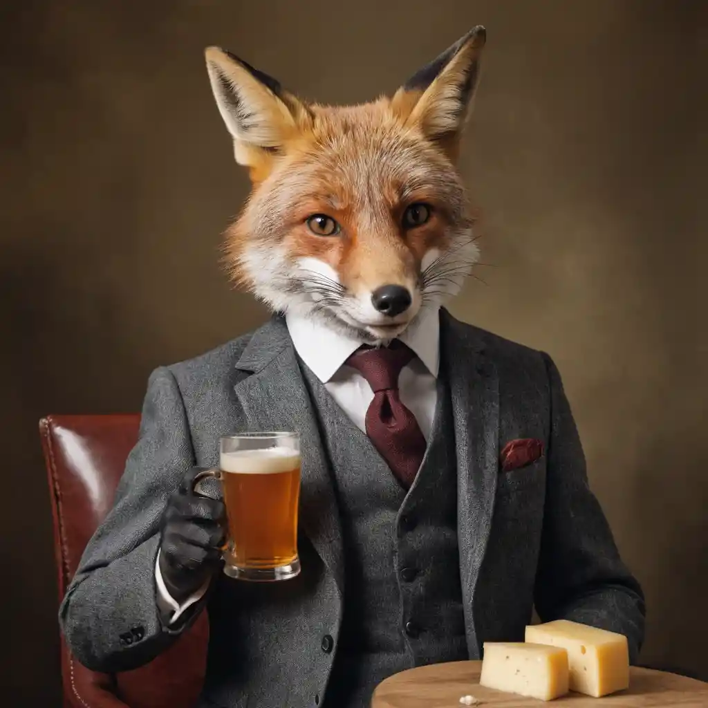 Un zorro con traje de tres piezas come queso y bebe cerveza ale