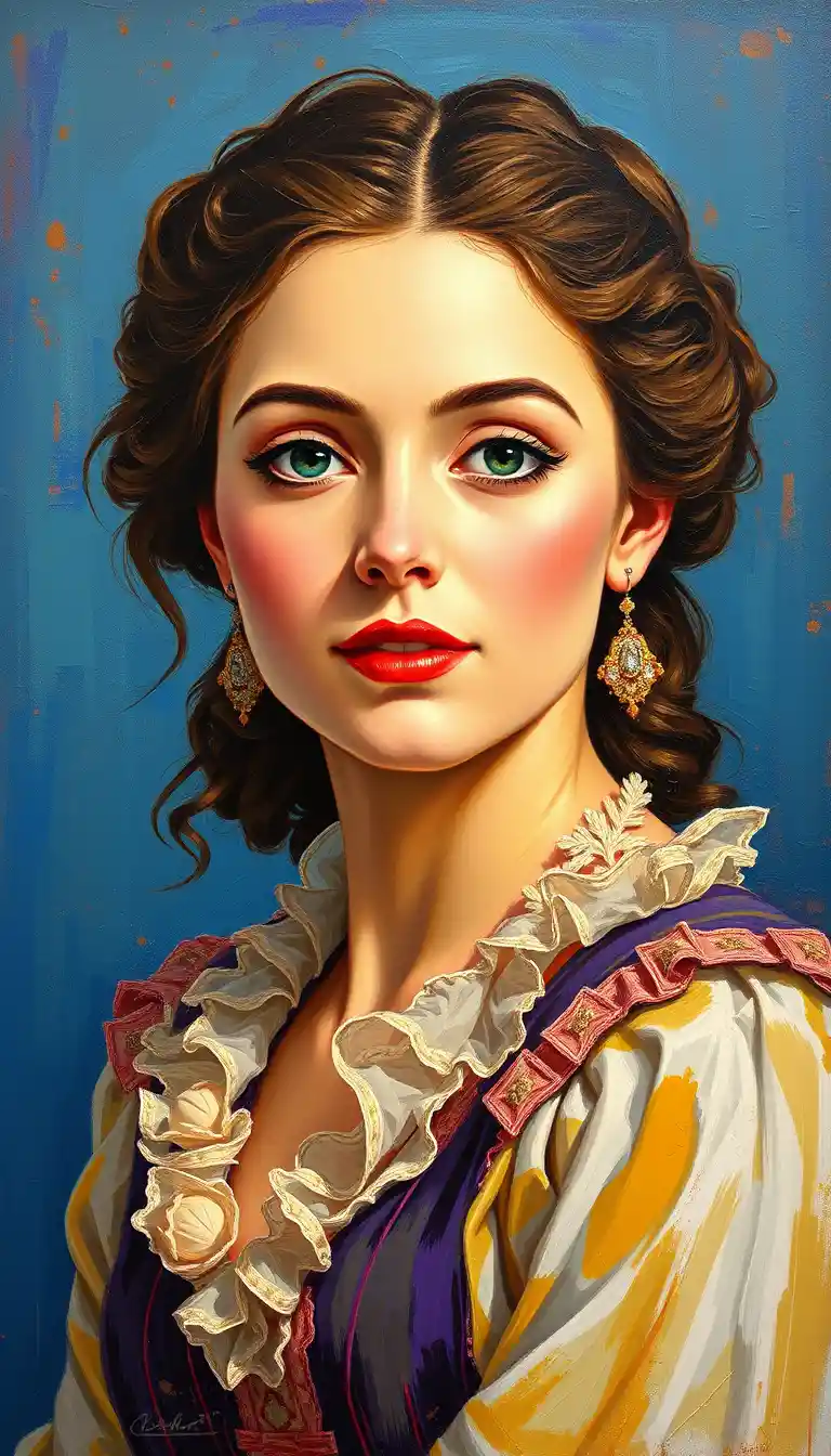 Una mujer alegre de la década de 1880 en un retrato abstracto con técnica de empaste sobre un fondo azul oscuro