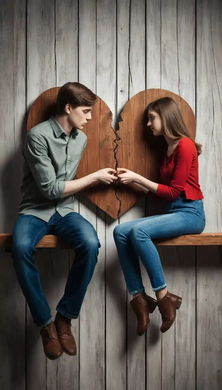 A young woman pushes a cracked wooden heart toward a seated man