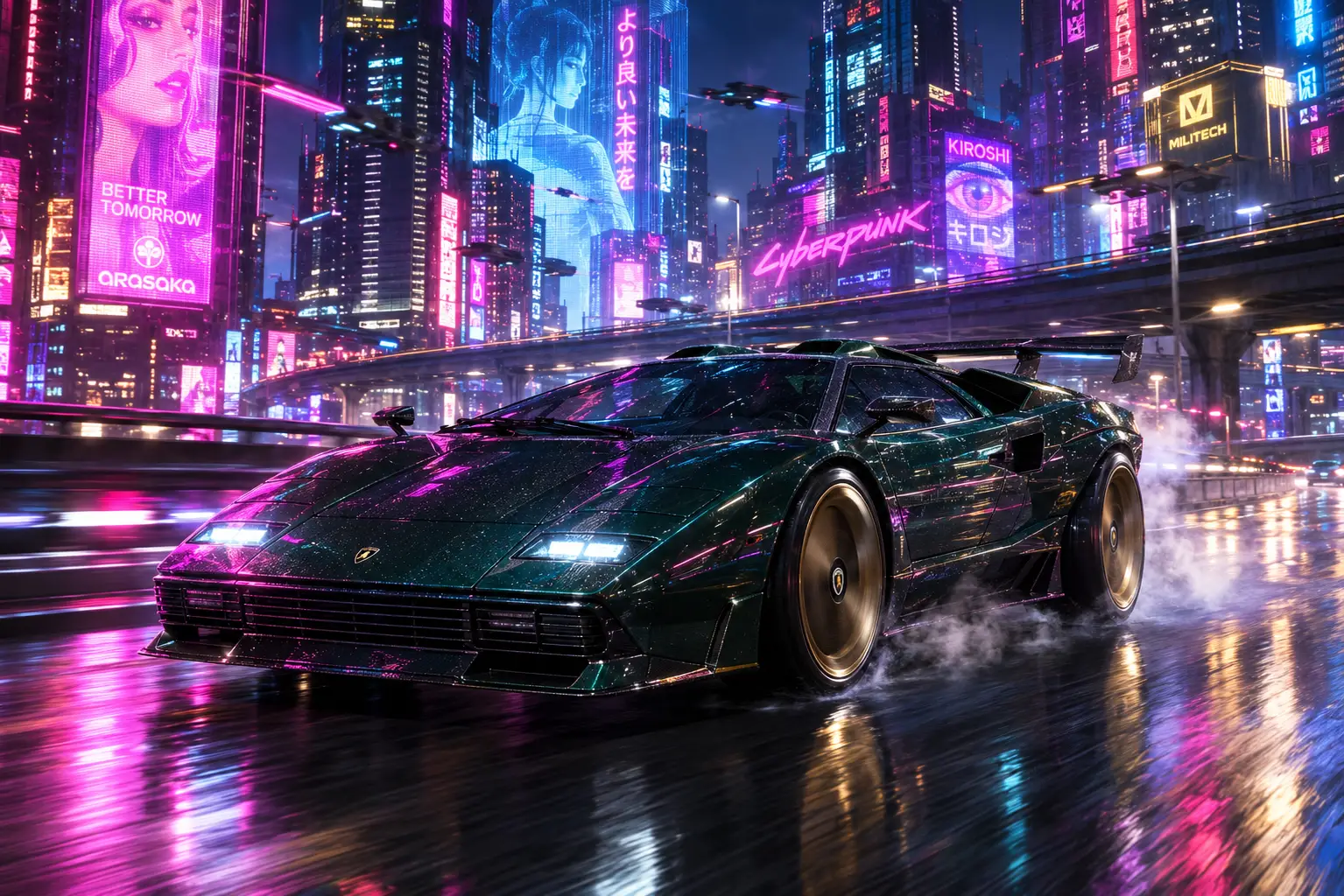 A green Countach races through a rain-slicked cyberpunk city at night