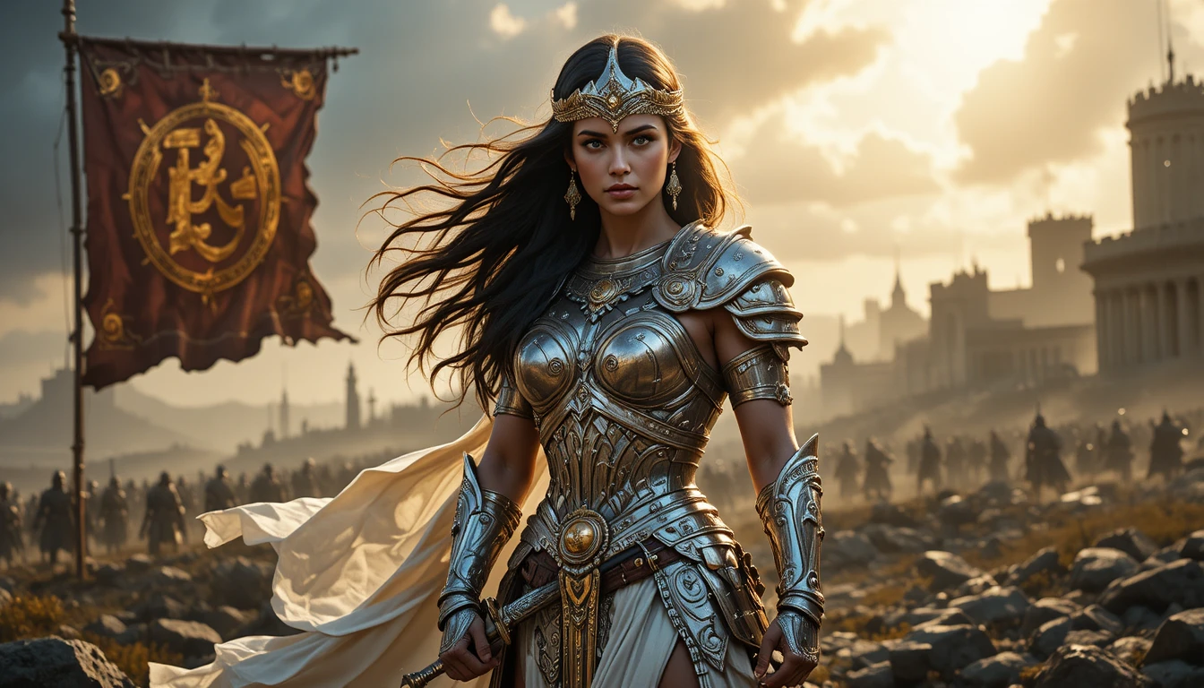 Armored warrior woman stands with a sword beneath golden light