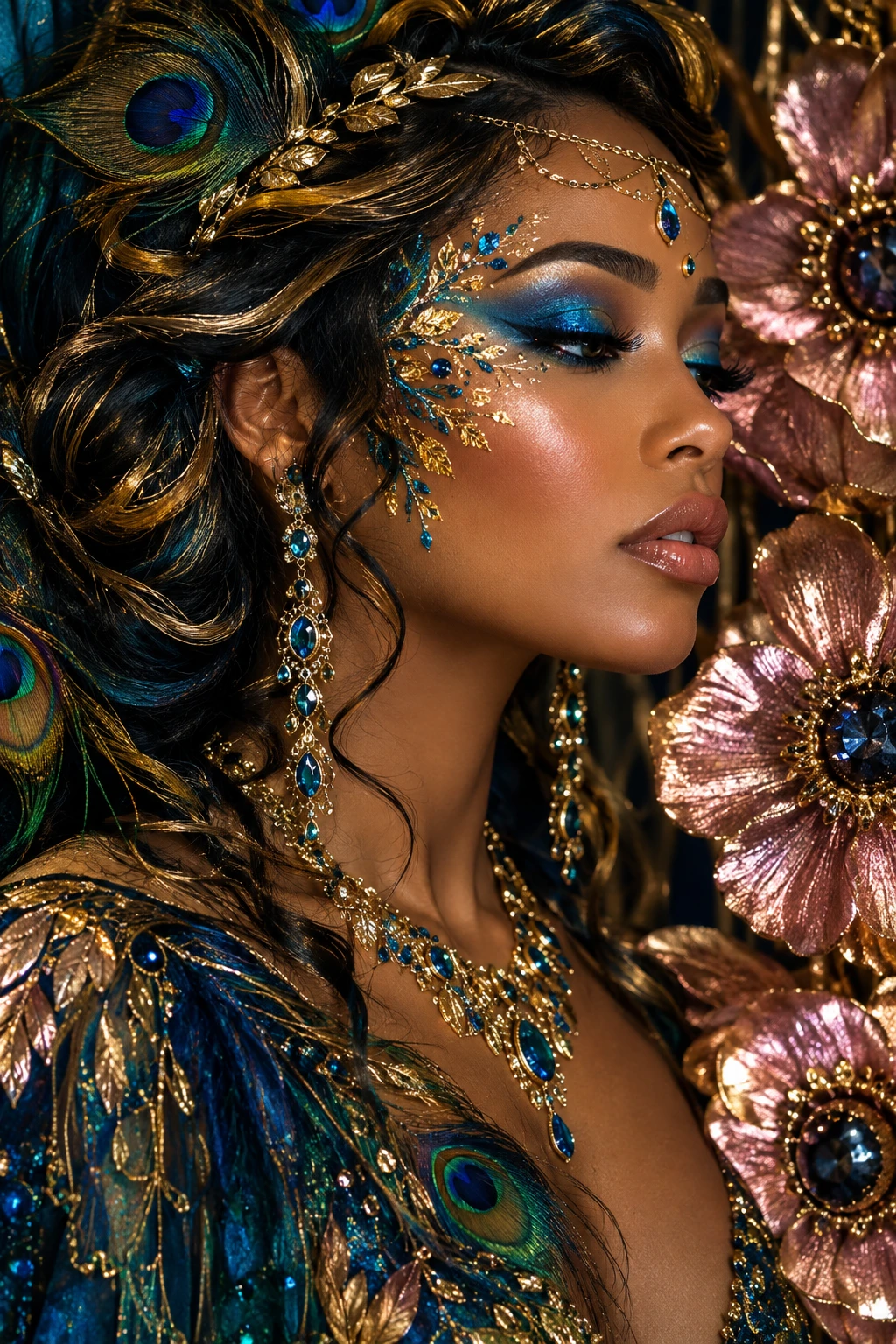 Femme de profil parée d'or et de plumes de paon