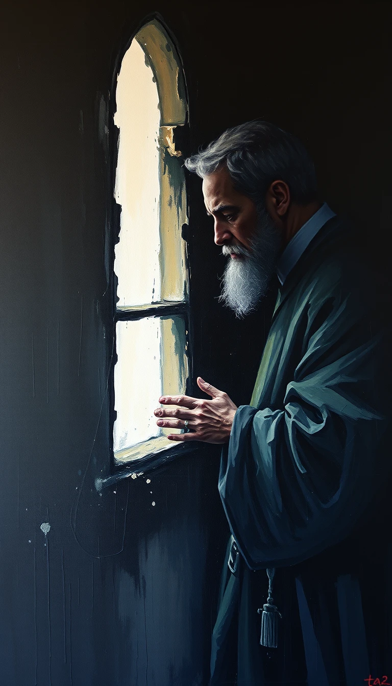 A weakened woman faces a religious visitor inside a dim cell