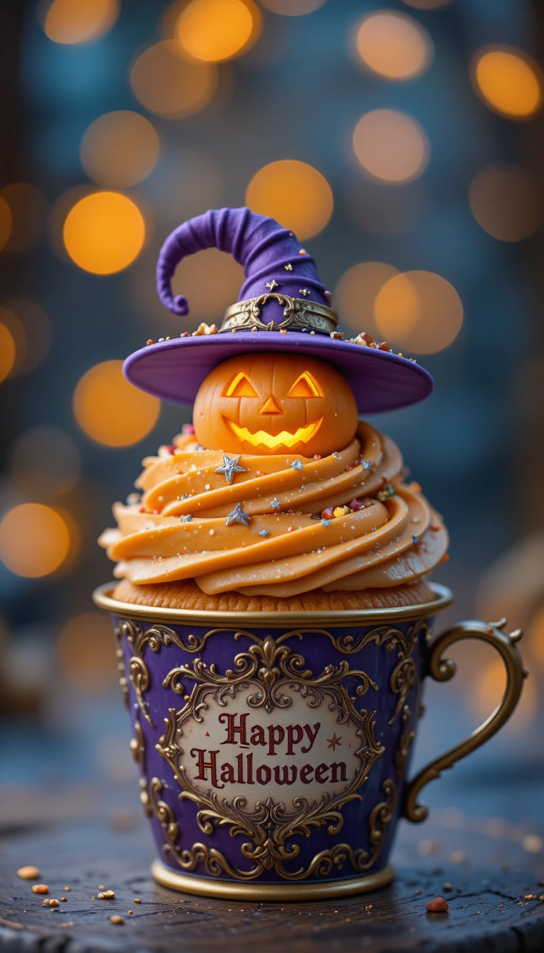 A Halloween cupcake with a glowing pumpkin and purple witch hat