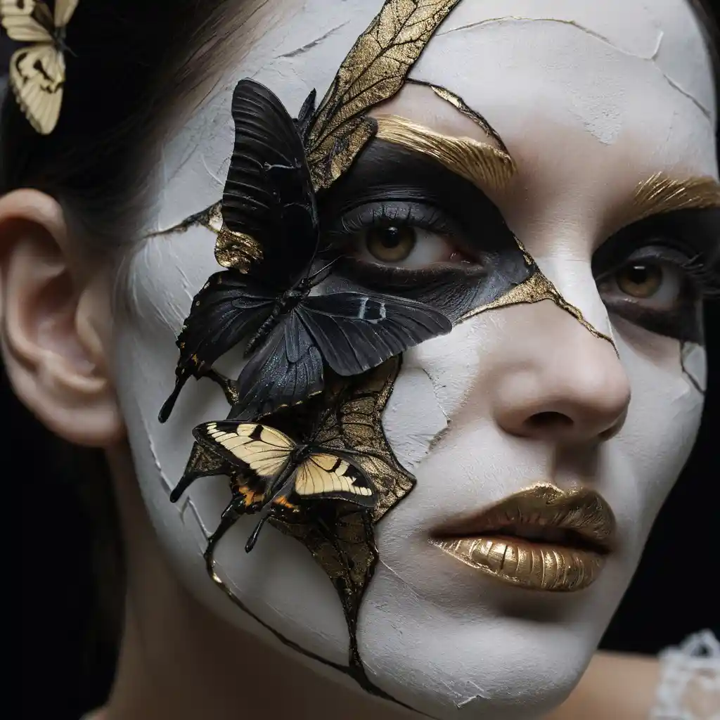 A woman's cracked face with skeletal makeup and a pale gold butterfly