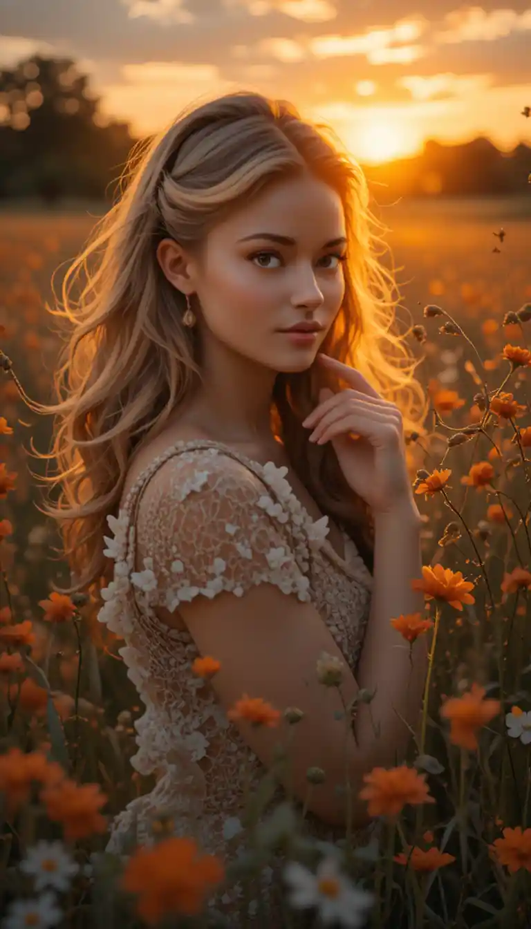 A woman with curly hair among wildflowers in a sunset field