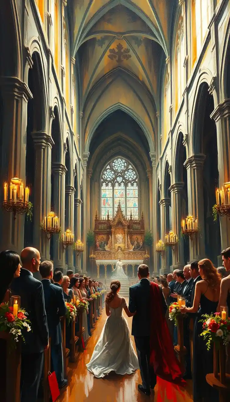 Uma celebração numa catedral do século XVII, envolta em luz de velas e vitrais