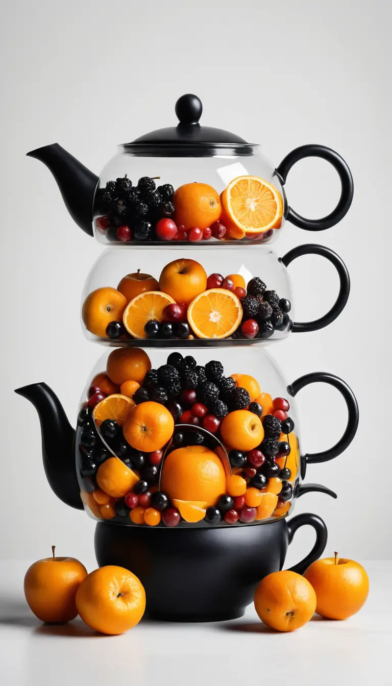 Rodajas de fruta surrealistas apiladas para formar la silueta de una tetera