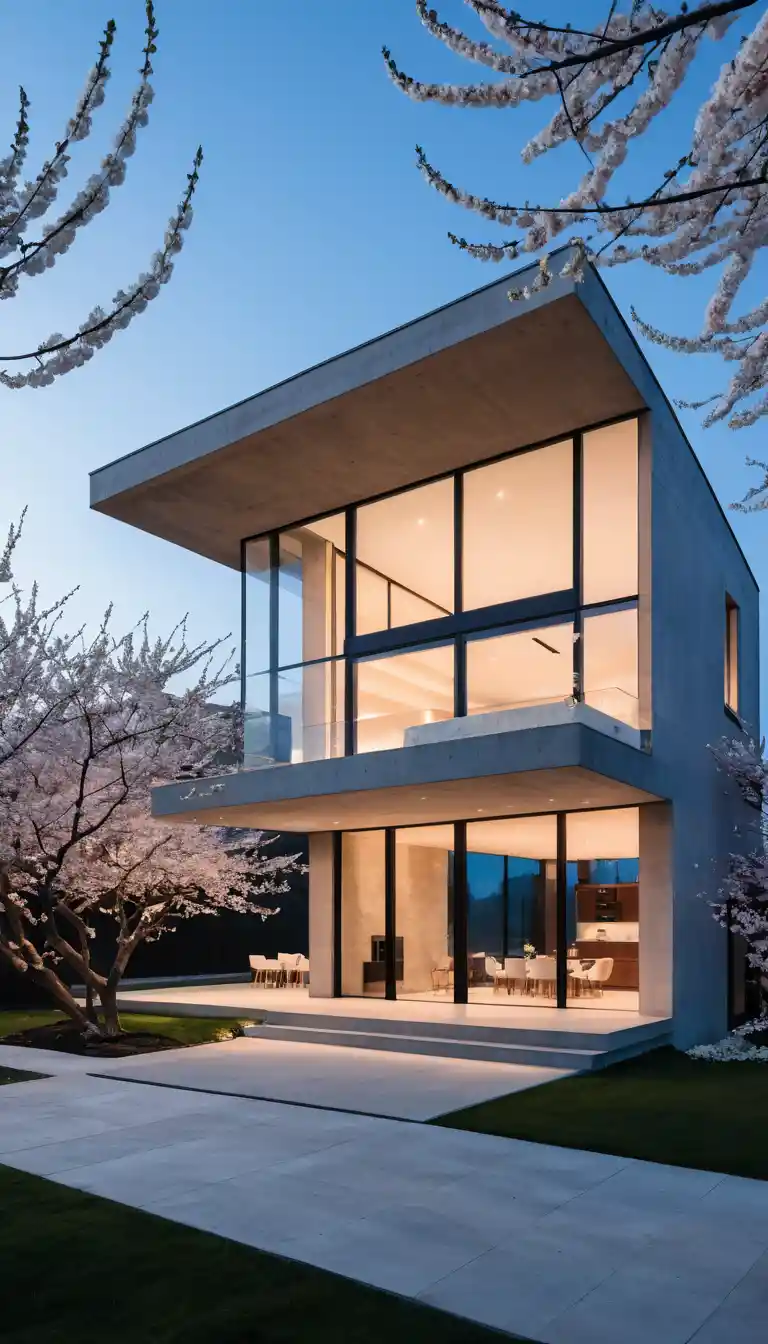 A modern concrete house with a cantilevered floor at dusk