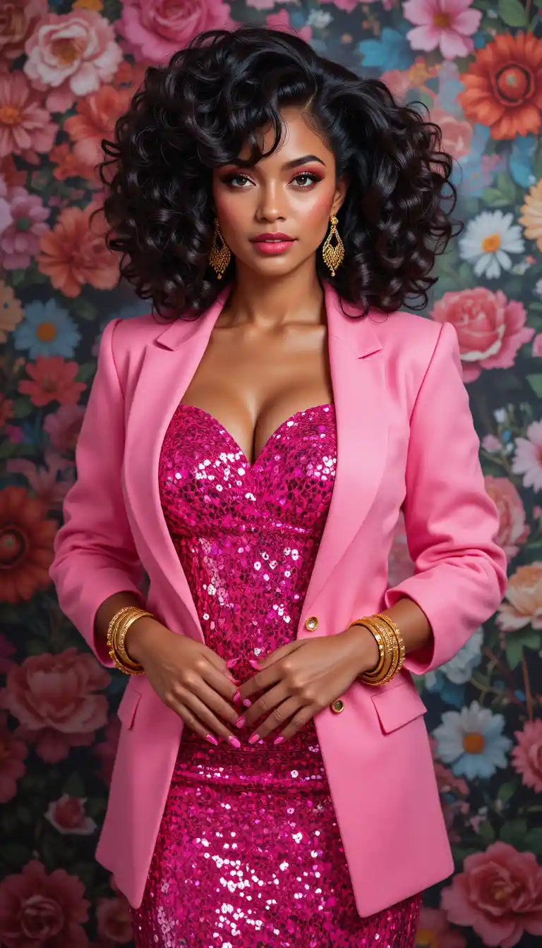 Una donna glamour con un abito di paillettes fucsia per un servizio fotografico