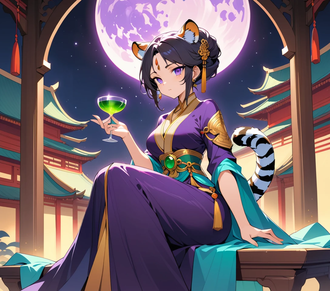 An anime tiger hybrid woman holds a jade wine cup on a moonlit palace balcony
