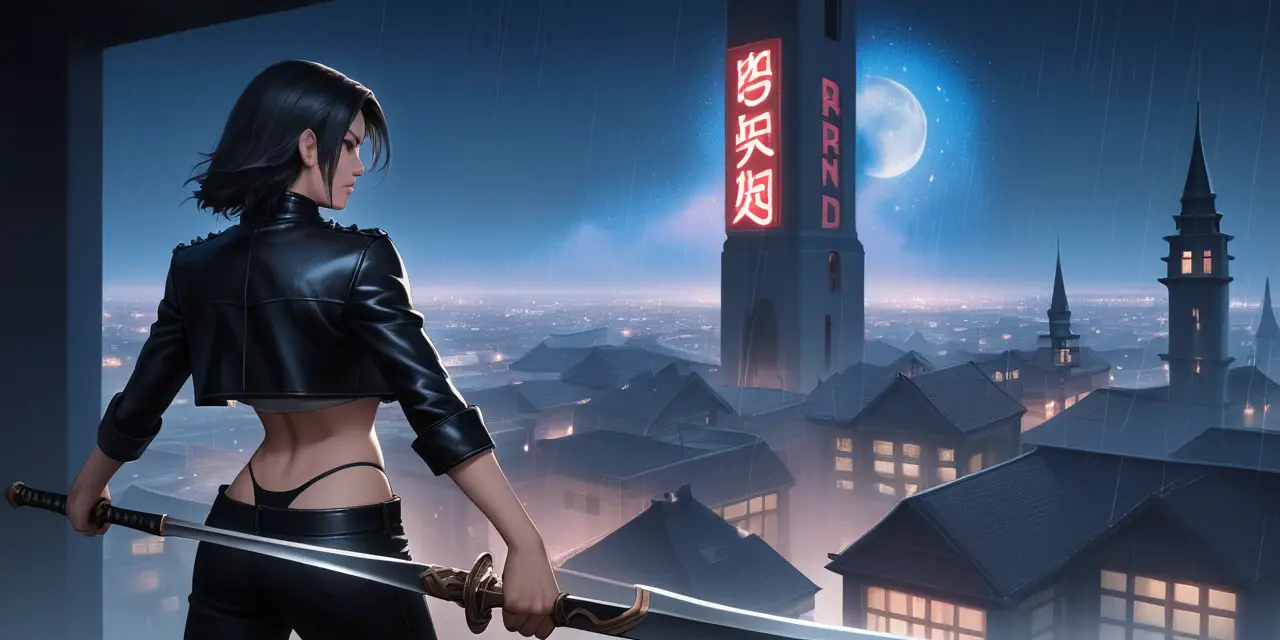 A crouching woman assassin surveys a rainy neon city from a rooftop