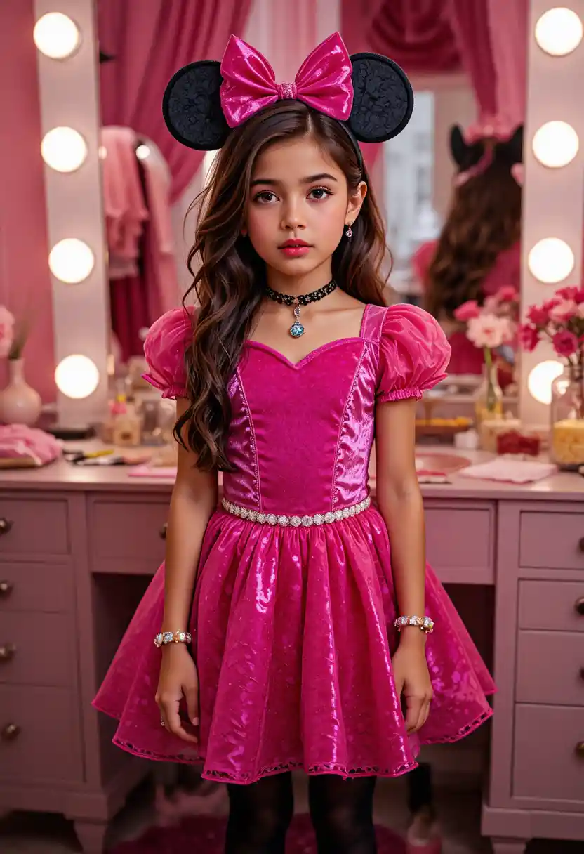 A tween boy pouts in a princess costume before a vanity