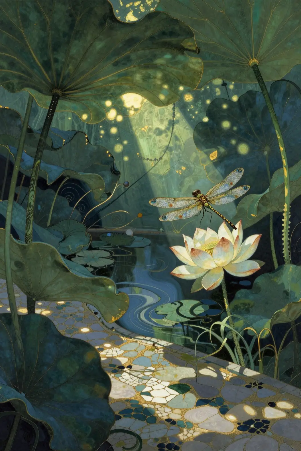 Jardín art nouveau con una libélula posada en una flor de loto