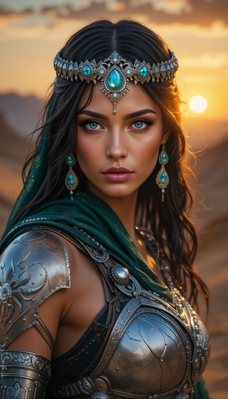 Bedouin warrior princess in silver armor against a mountain sunset