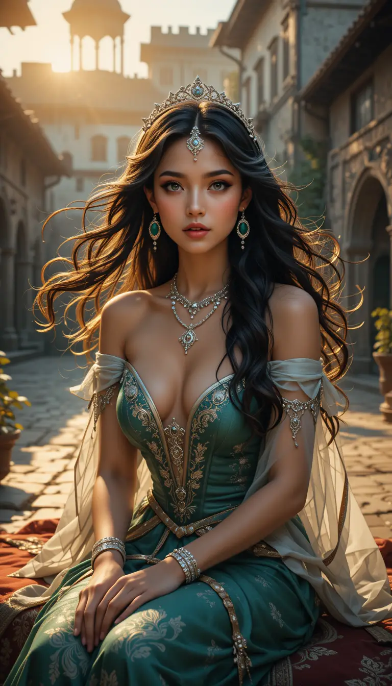 A princess sits on a tapestry in a medieval courtyard