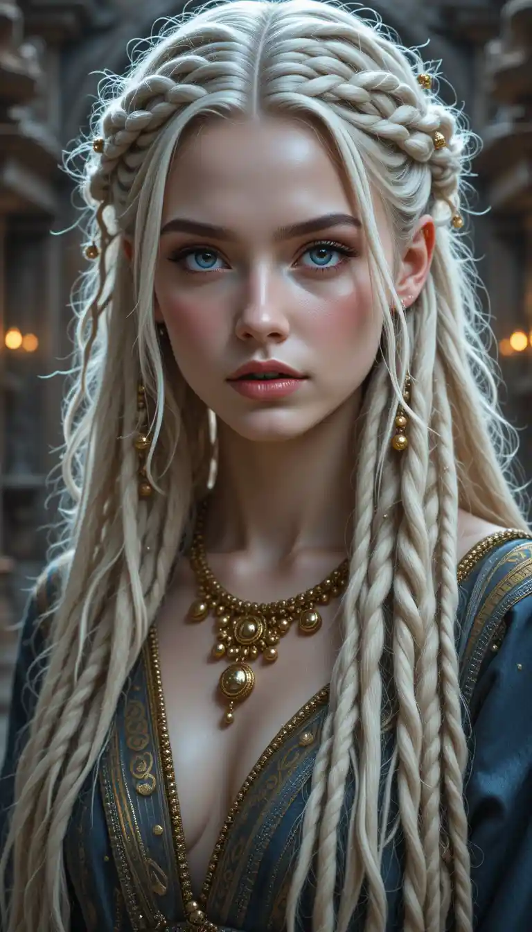 A Young Norse Woman With Platinum Dreadlock Braids and Golden Beads