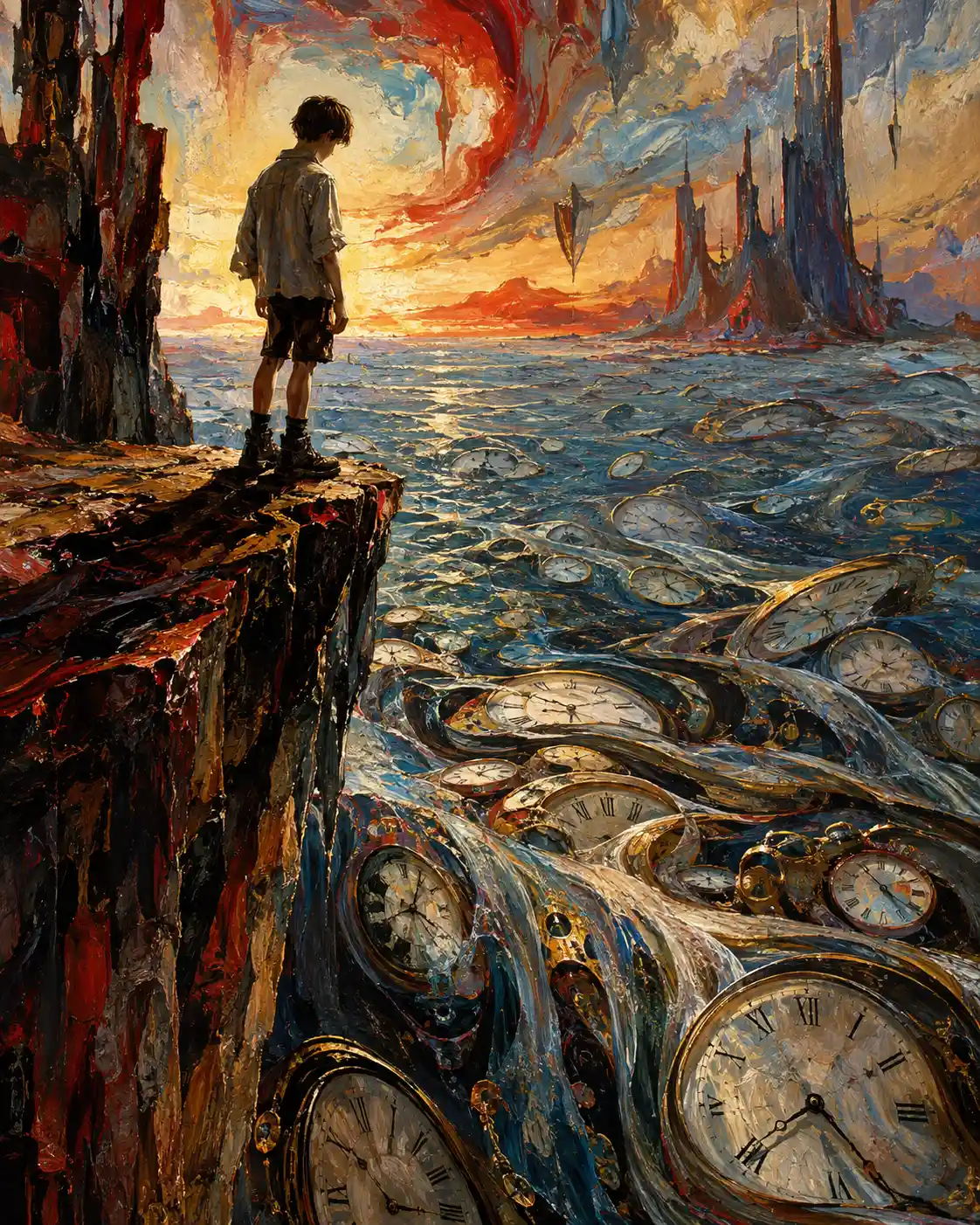 A boy stands above an ocean where time flows like water