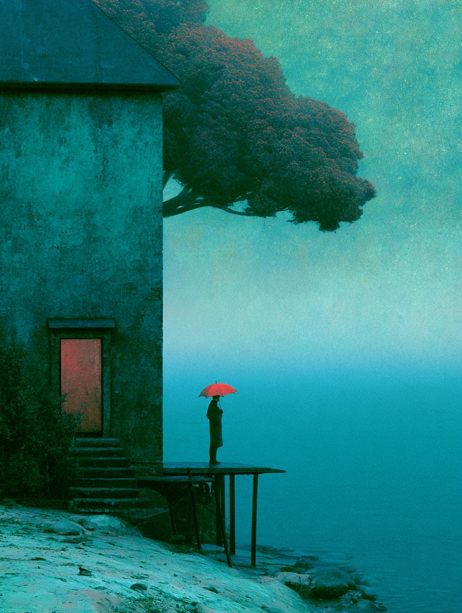 A surreal cityscape in rich, painterly dark colors