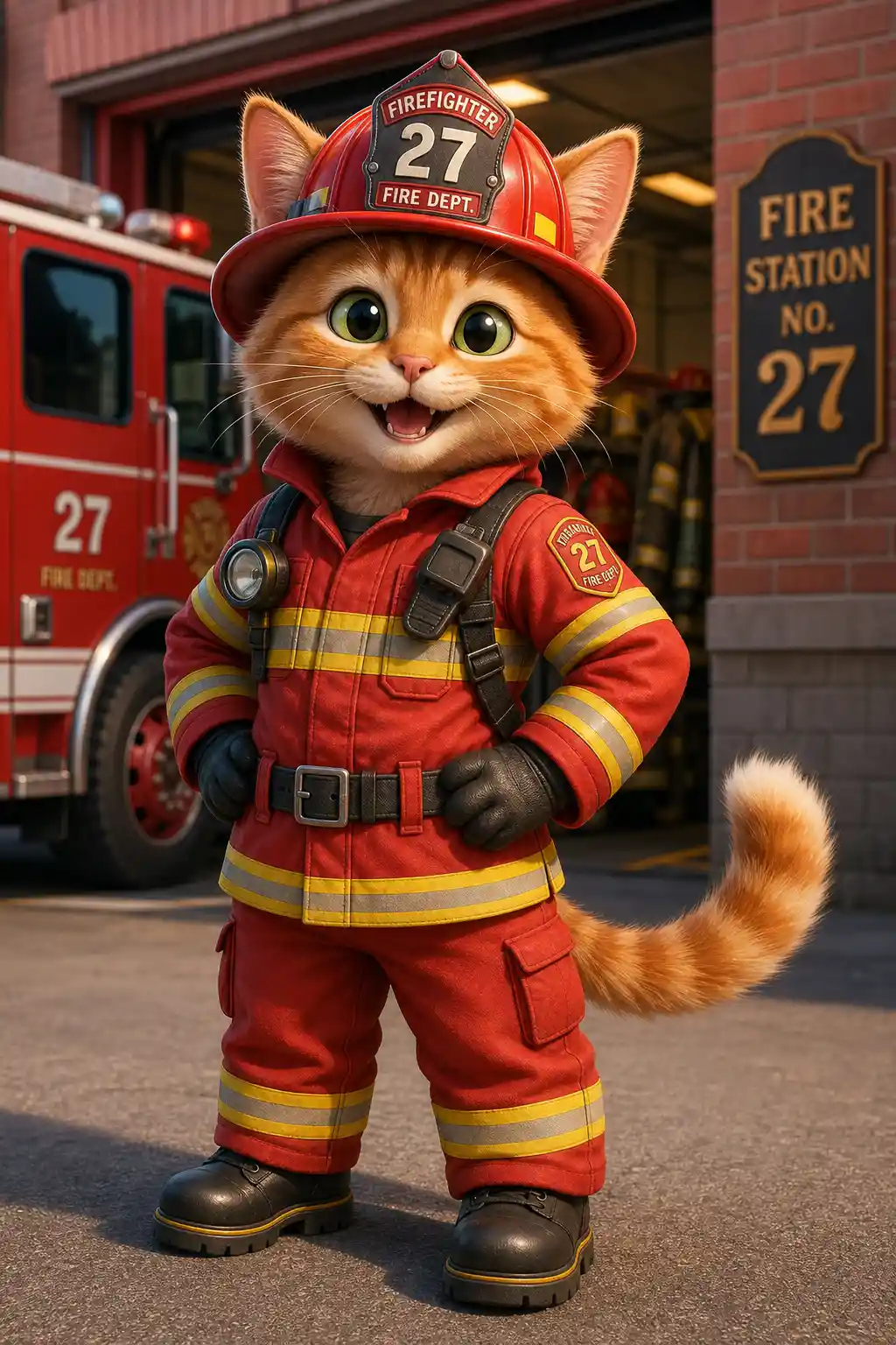 A Cheerful Cat Stands Upright in a Bright Red Firefighter Uniform