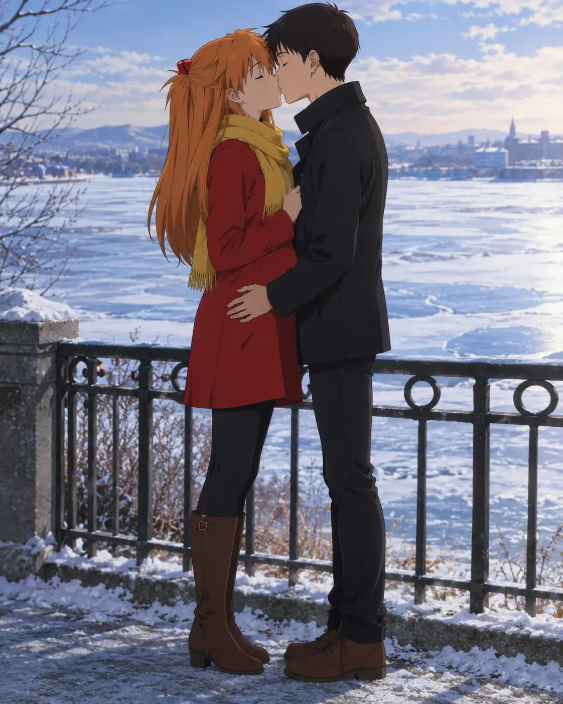 Asuka et Shinji échangent un tendre baiser au bord d’une rivière gelée dans un parc