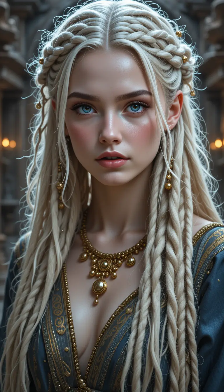 A Young Norse Woman With Platinum Dreadlock Braids and Golden Beads