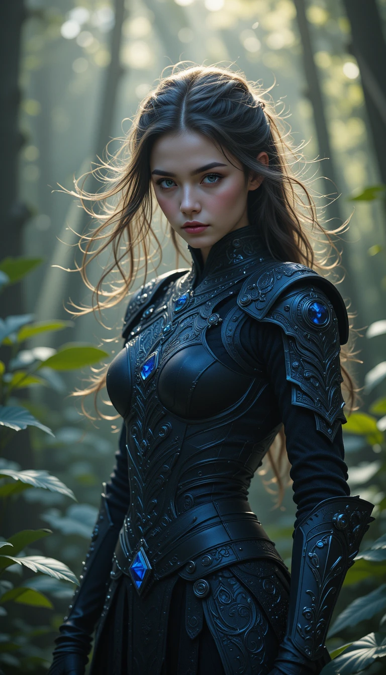 A young fantasy warrior stands ready beneath forest light