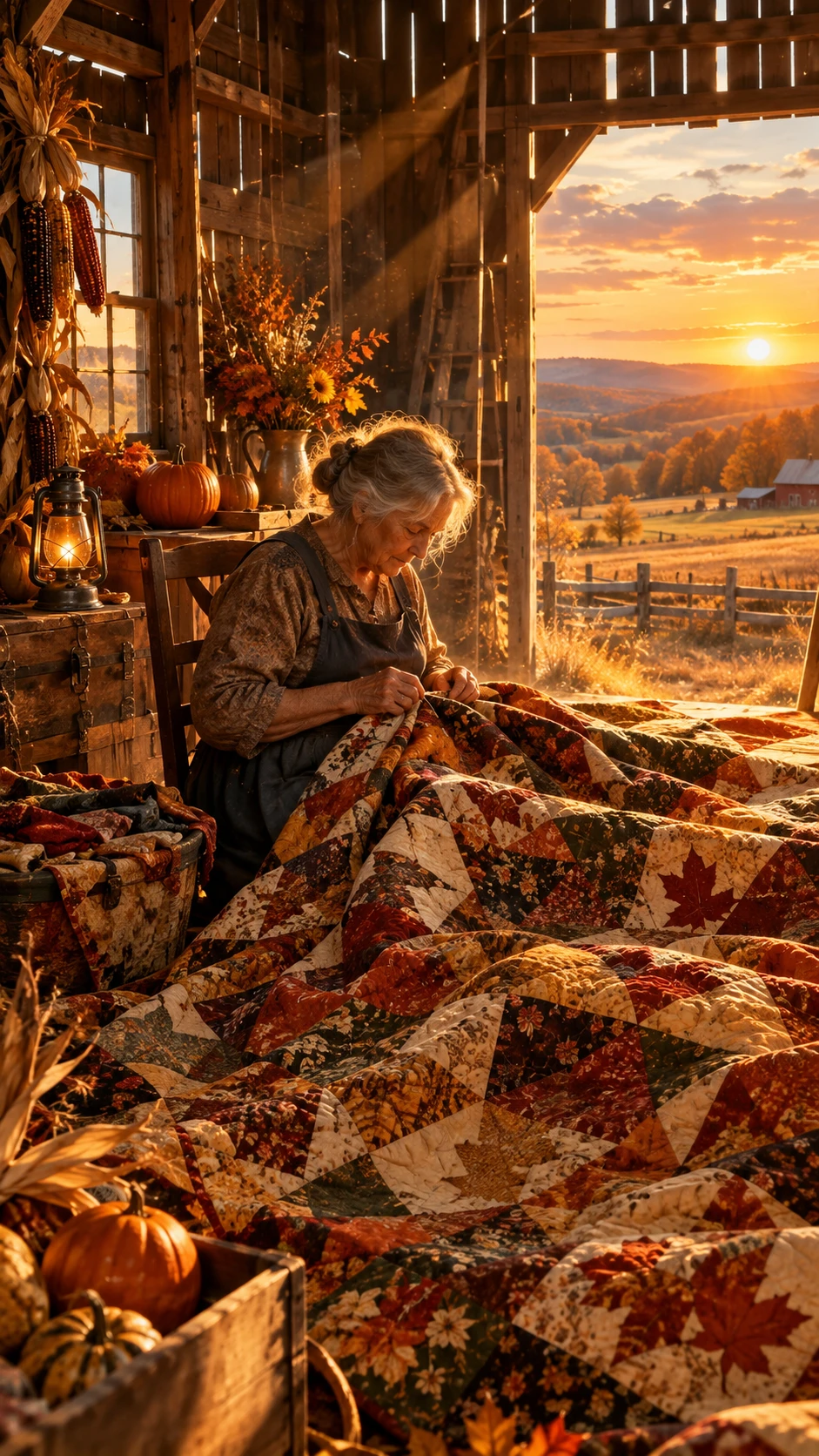 An elderly craftswoman makes a quilt in a barn at sunset