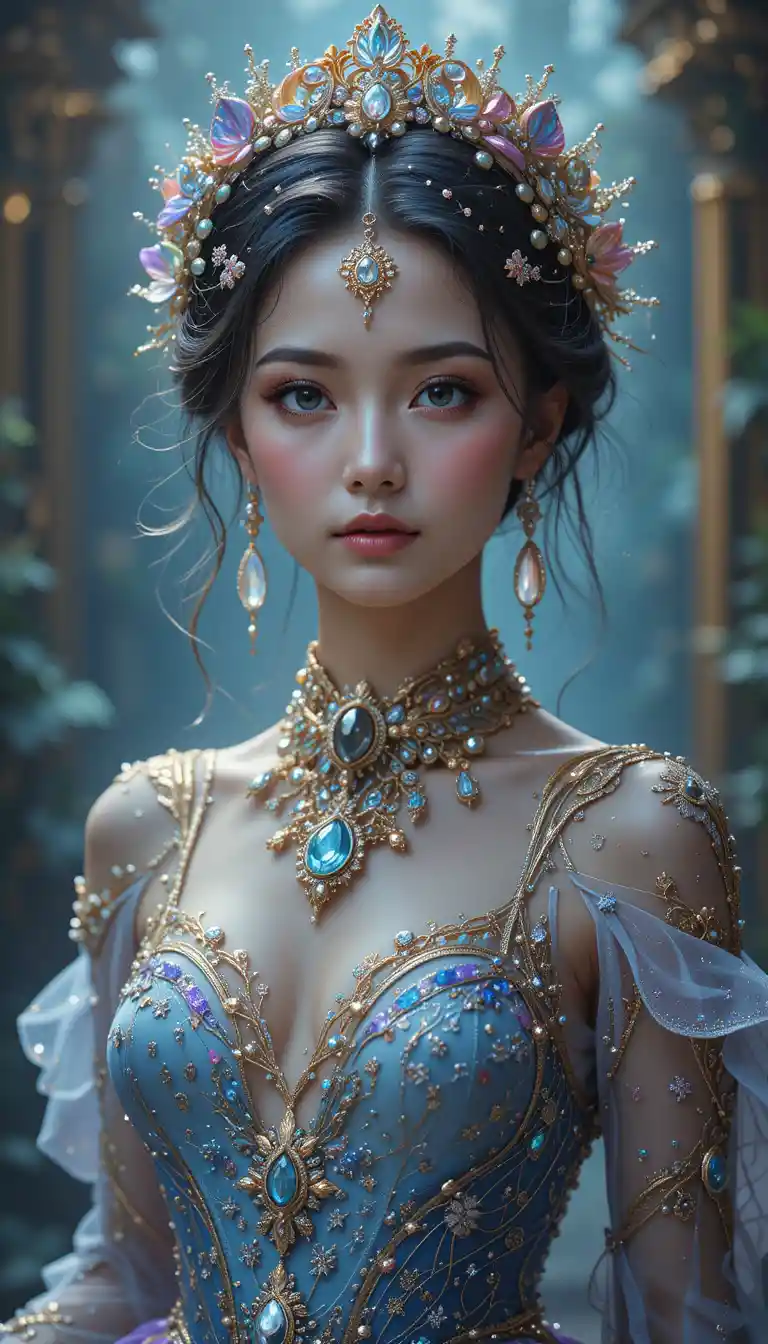 A fantasy woman in an embroidered gown with jeweled accessories