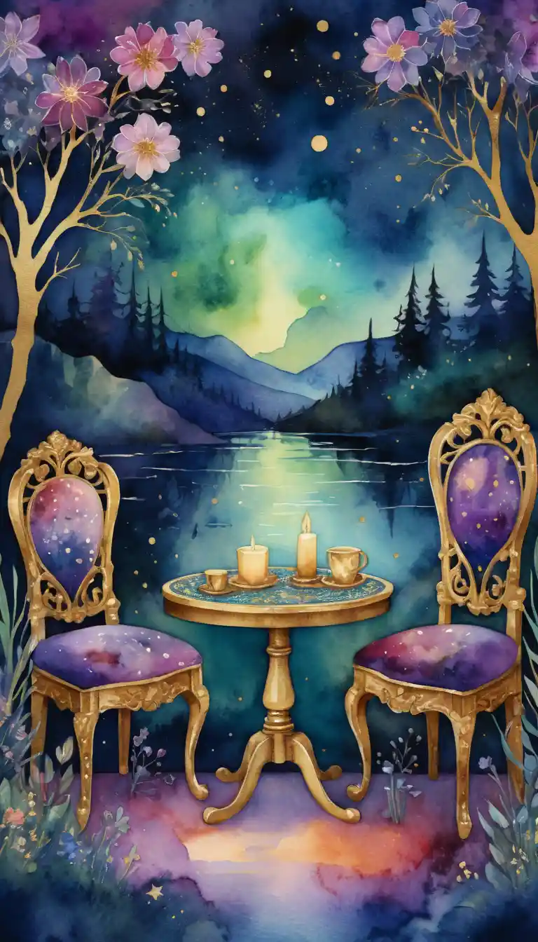 Two chairs and a table in a mystical happy place