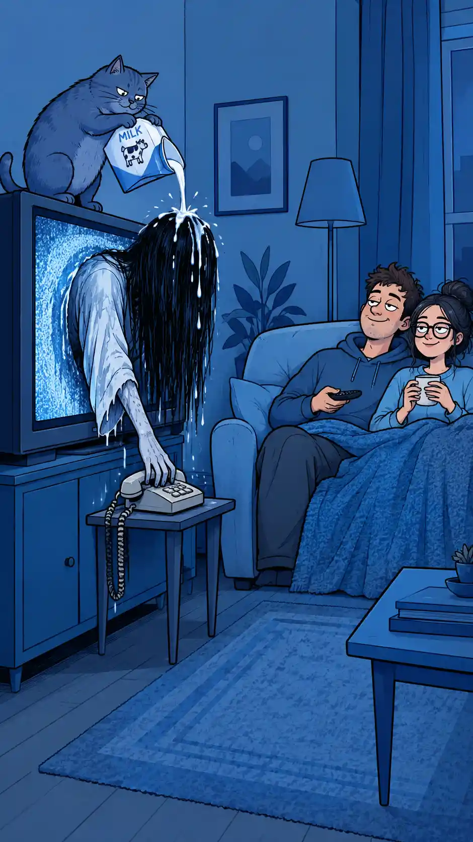 A Cat Pours Milk Over a Ghost Crawling From a Television