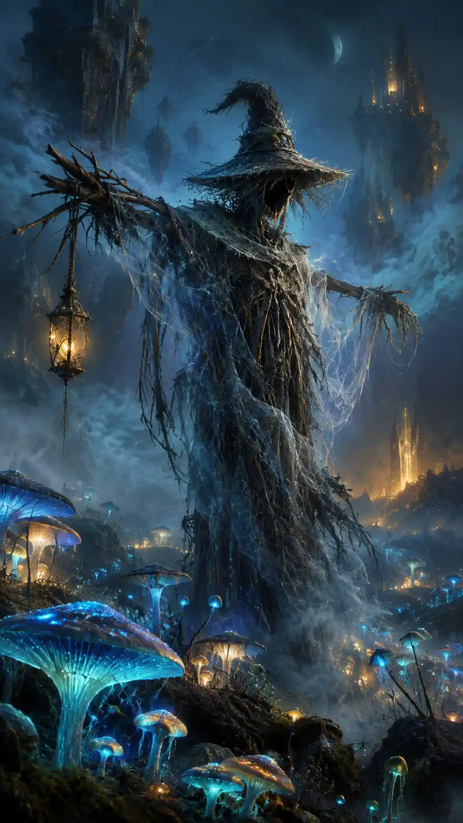 A spectral scarecrow stands sentinel in a misty field of glowing fungi