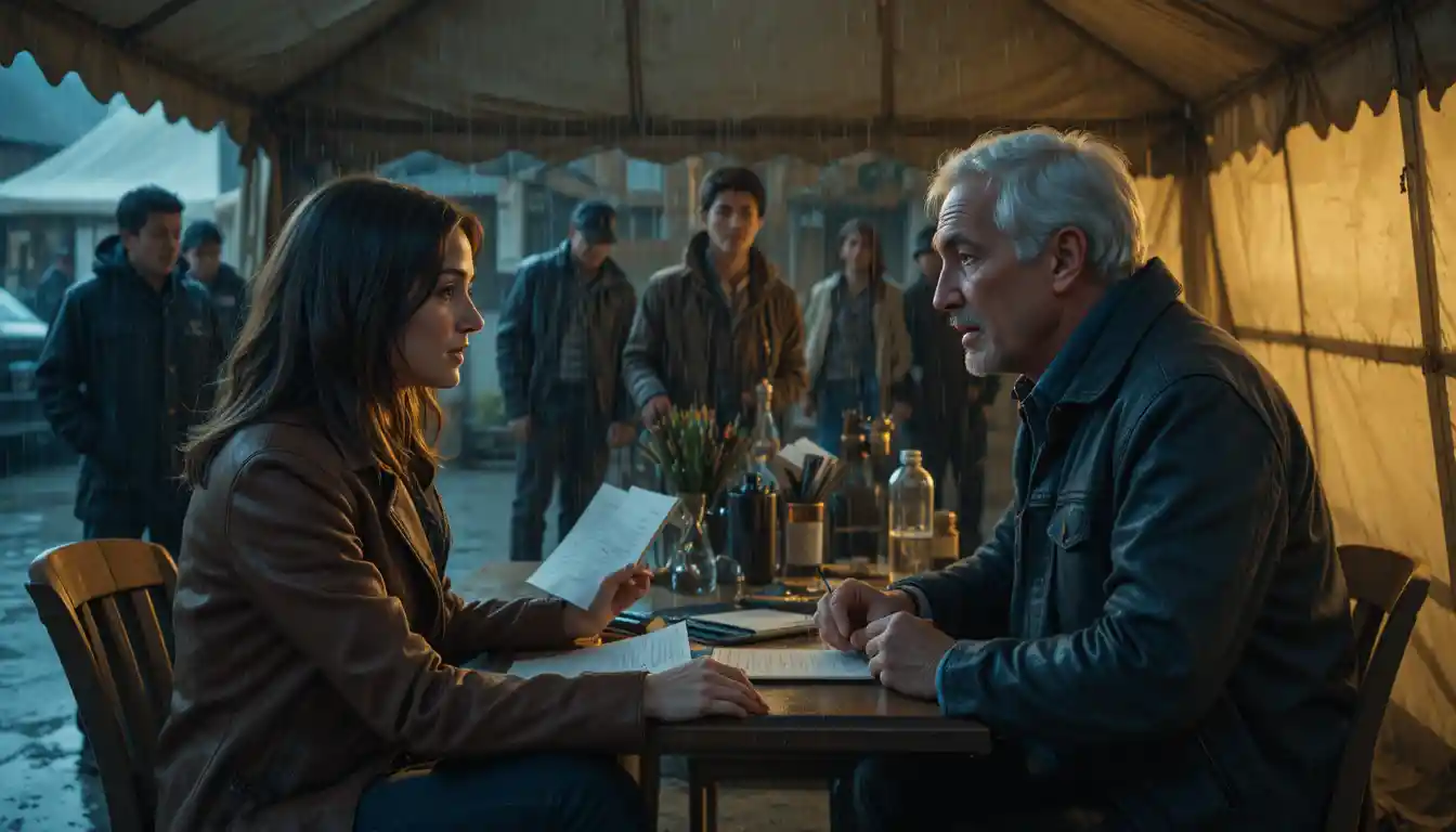 A young screenwriter and elderly director clash inside a damp crew tent