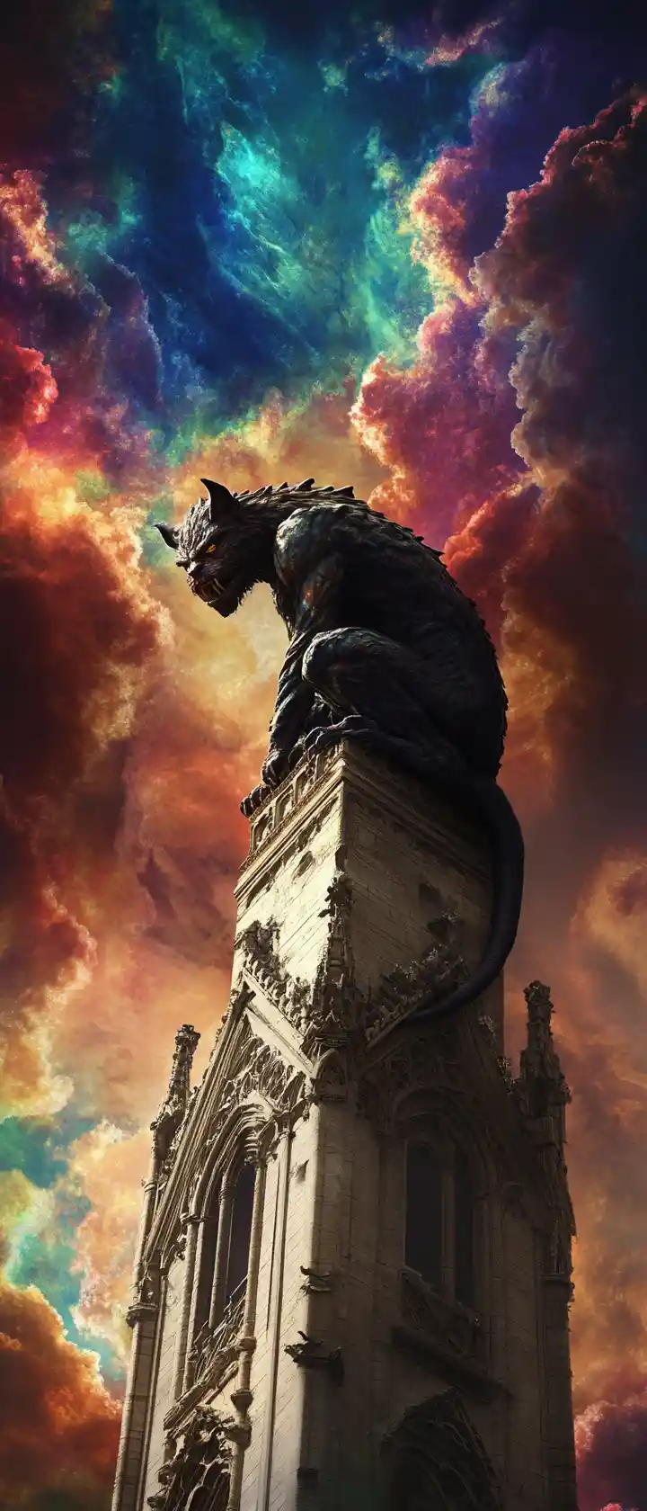 An ancient gargoyle crouches on a cathedral spire beneath swirling clouds