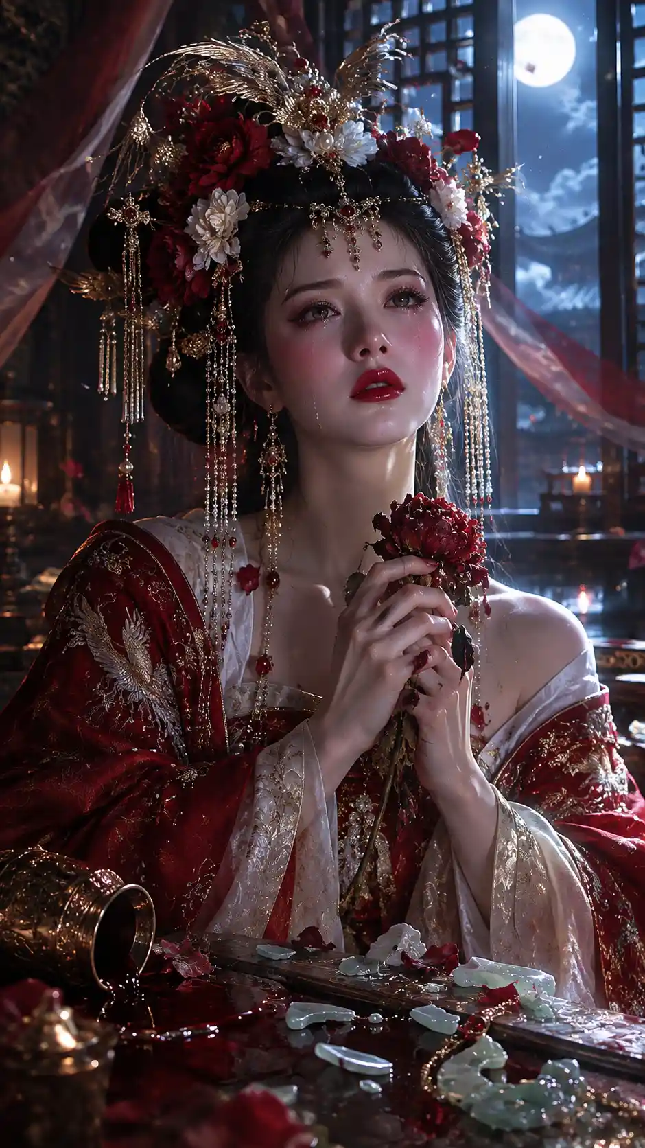 A Heartbroken Woman Holds a Wilted Flower in a Moonlit Palace