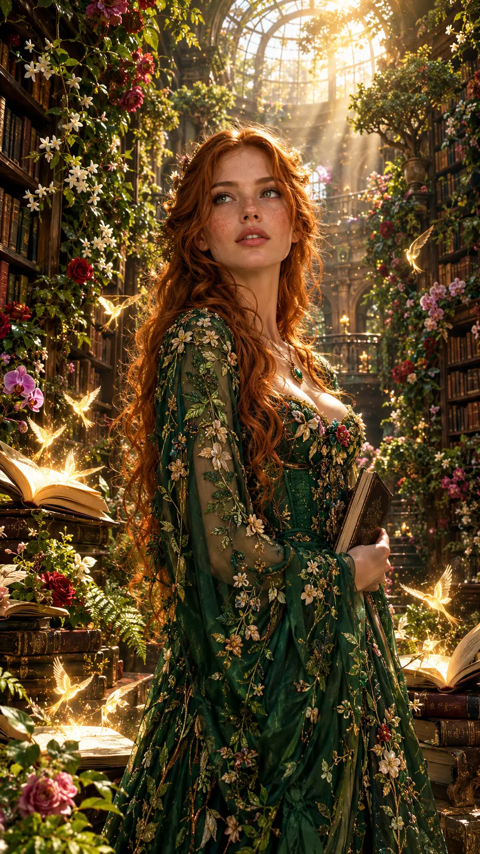 A red-haired woman stands in a hidden garden inside an old library