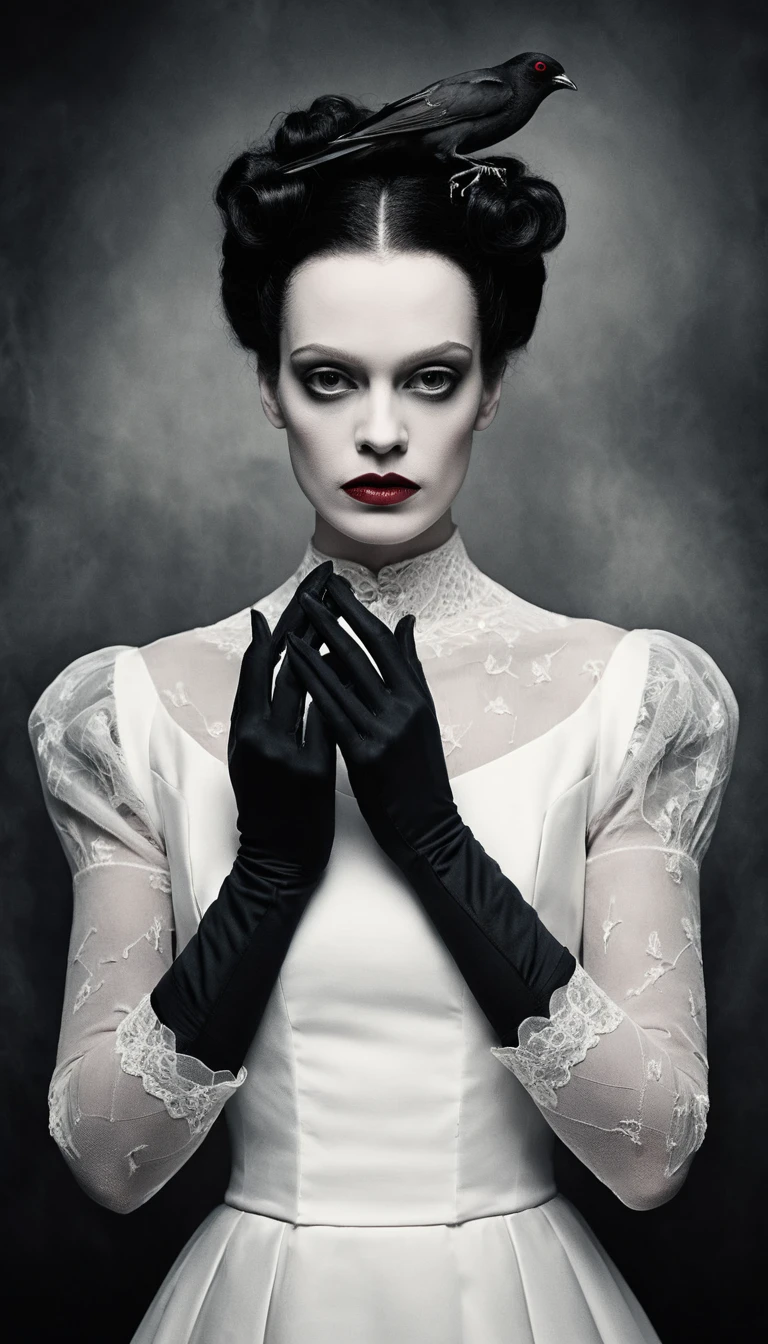 A surreal young woman with dark red lips against smoky gray