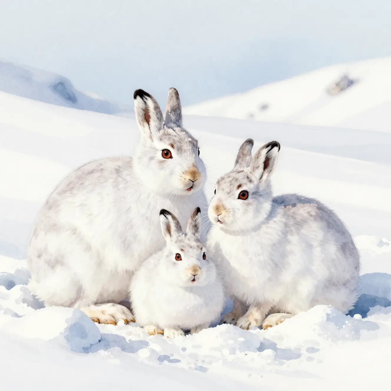 Arctic hares huddle in a snowdrift across a winter landscape