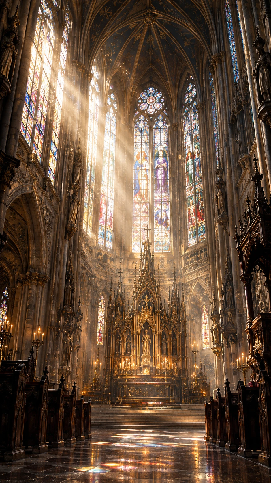 El imponente interior de una catedral, iluminado por vidrieras y una luz etérea