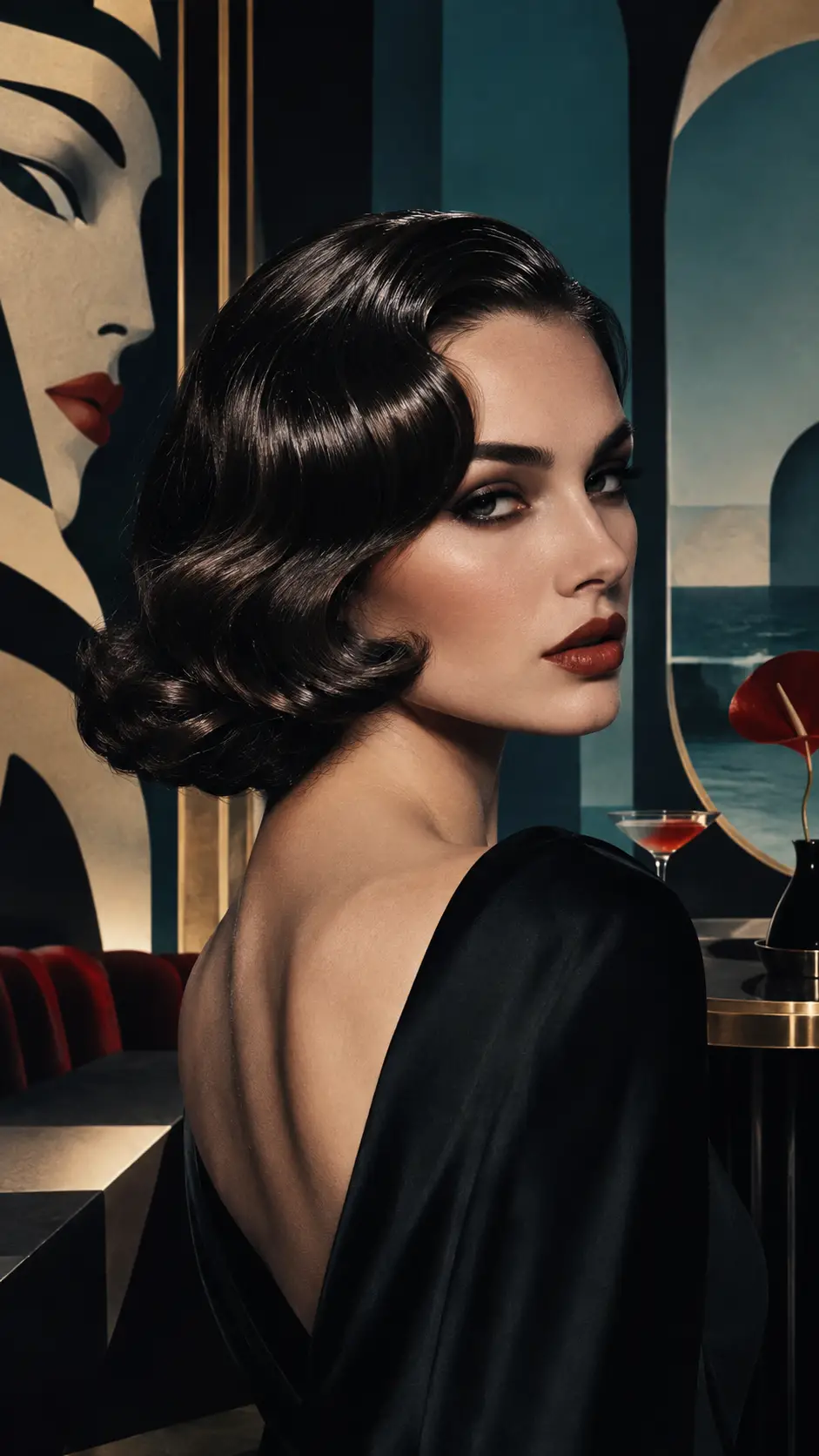 A woman reveals her salon-styled hair in an Art Deco surrealist portrait