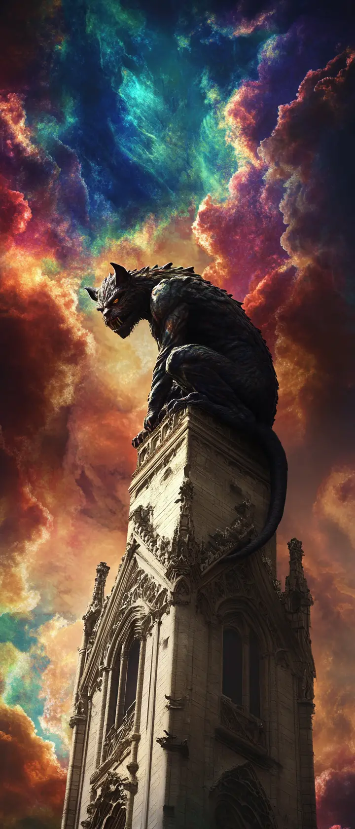 An ancient gargoyle crouches on a cathedral spire beneath swirling clouds
