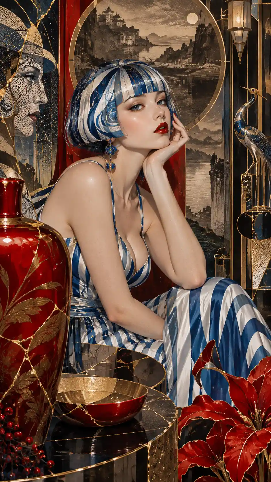 A Surreal Art Deco Portrait Of A Woman With Striped Hair And Dress