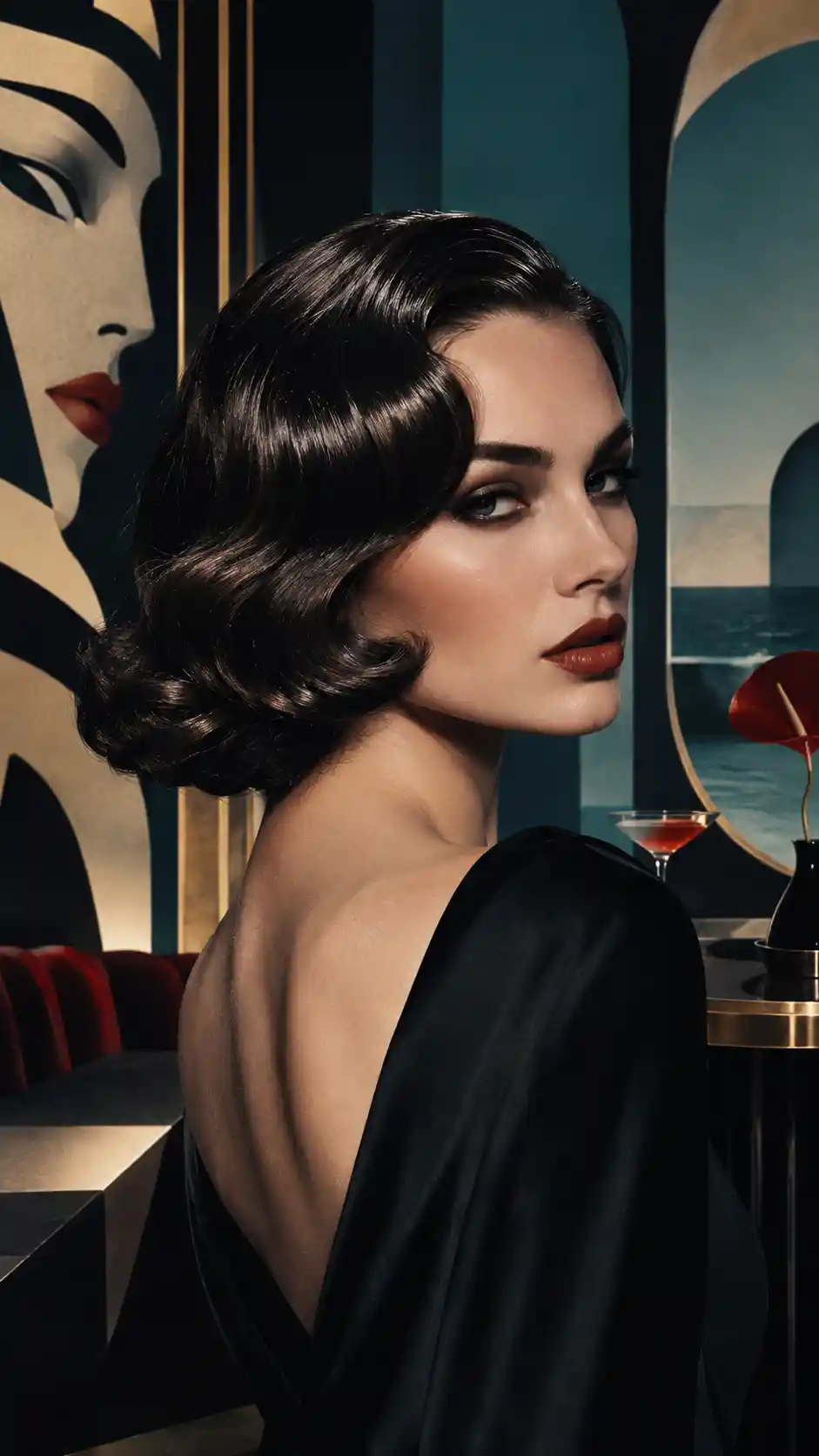 A woman reveals her salon-styled hair in an Art Deco surrealist portrait