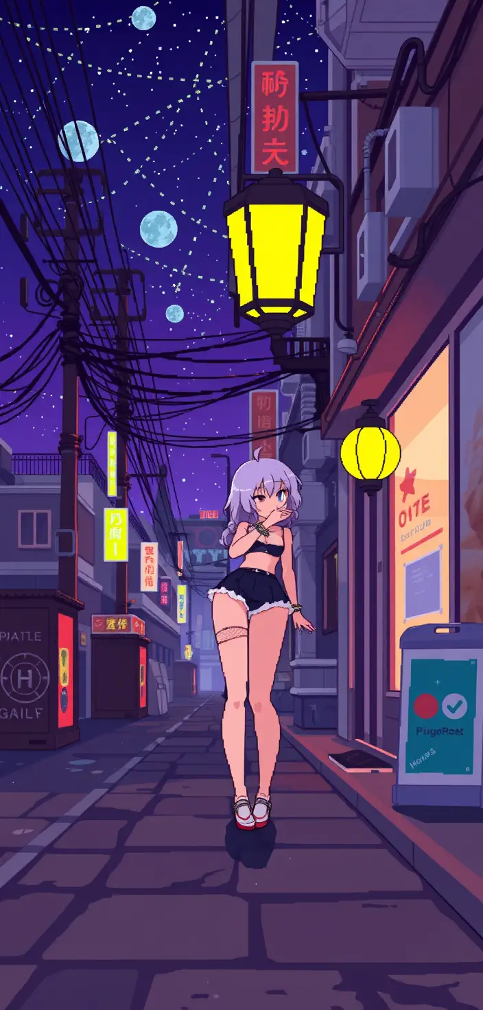 Pixel art girl standing on a street in a space colony