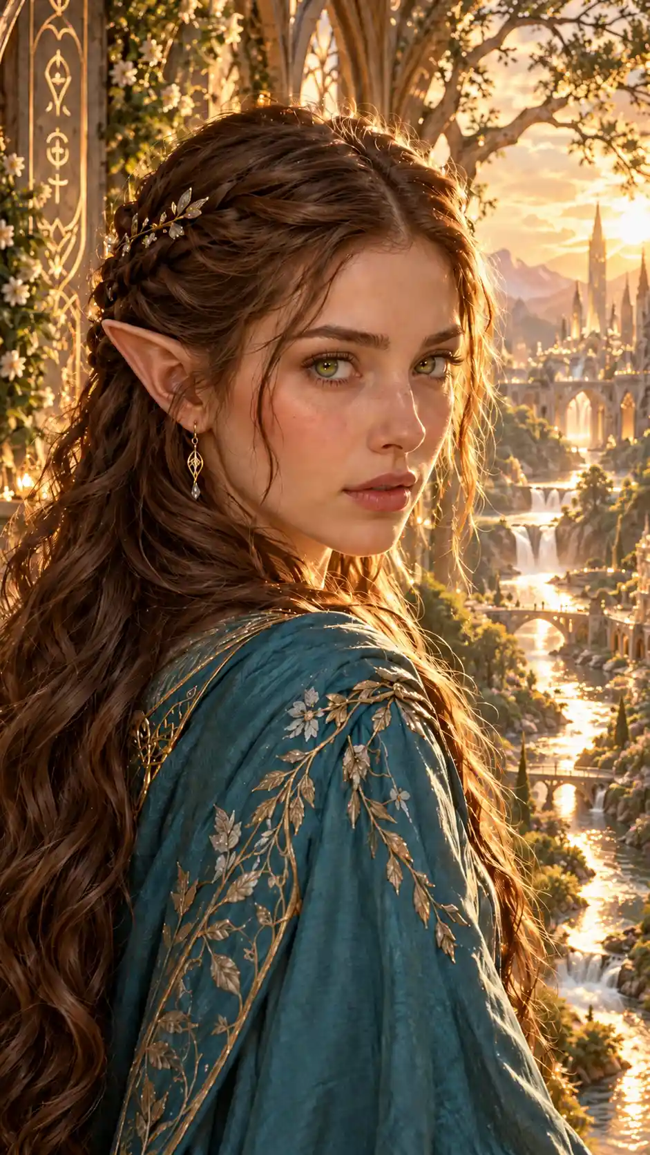 Fantasy elf woman framed by a flowing river at golden hour
