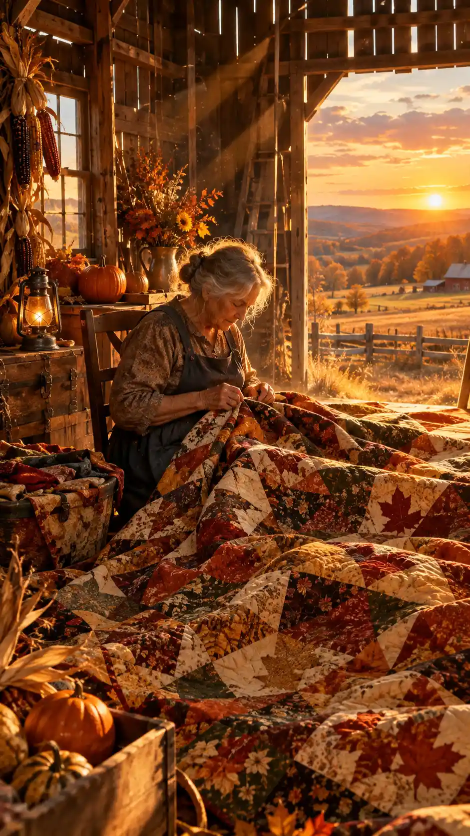 An elderly craftswoman makes a quilt in a barn at sunset